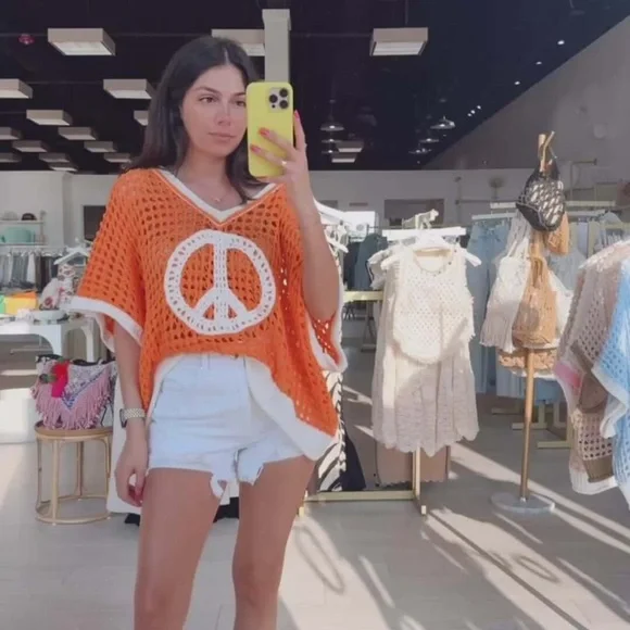 POL Dreamsicle Open Weave Crochet Peace Sign Sweater Size Small - Picture 14 of 14